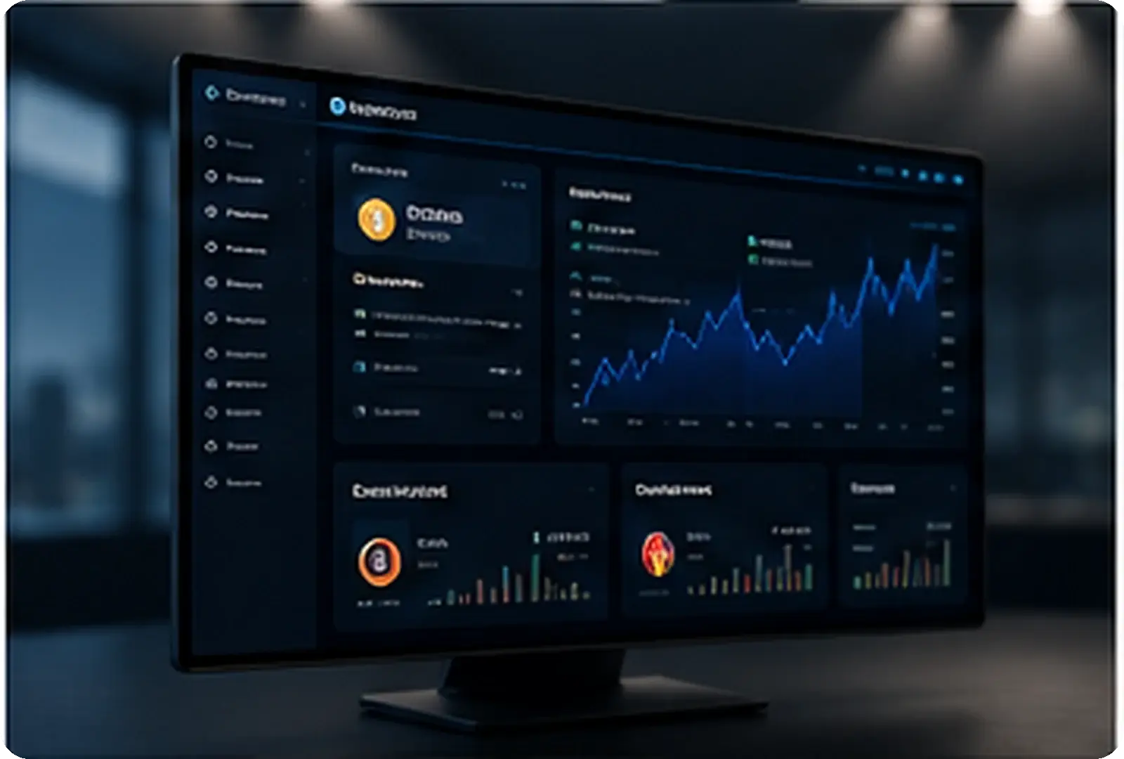 Dark Bitechchain-style market intelligence dashboard displayed on a desktop monitor