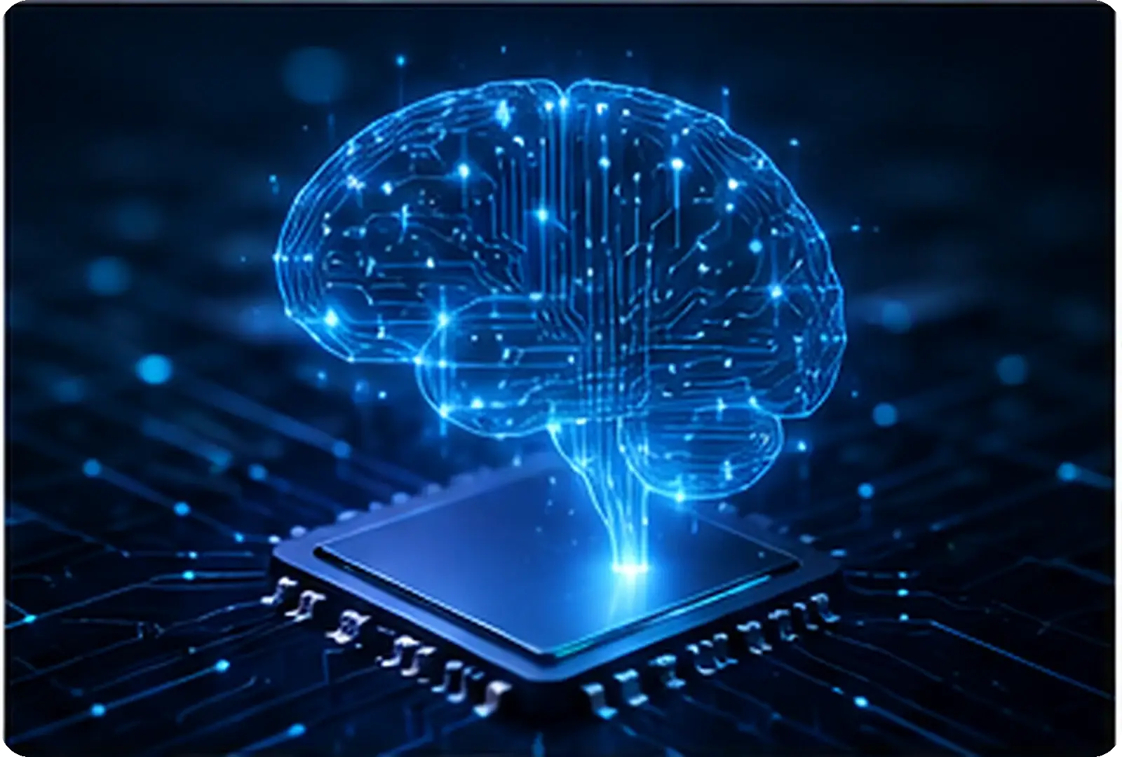 Glowing artificial intelligence network above a processor in a dark technology environment