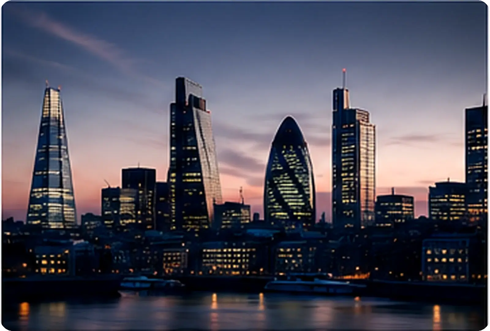 Modern London financial district skyline at dusk