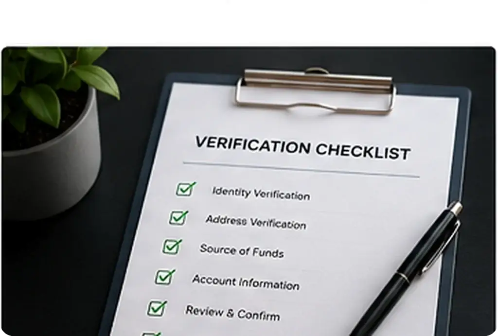 Professional verification checklist on a clipboard beside a pen