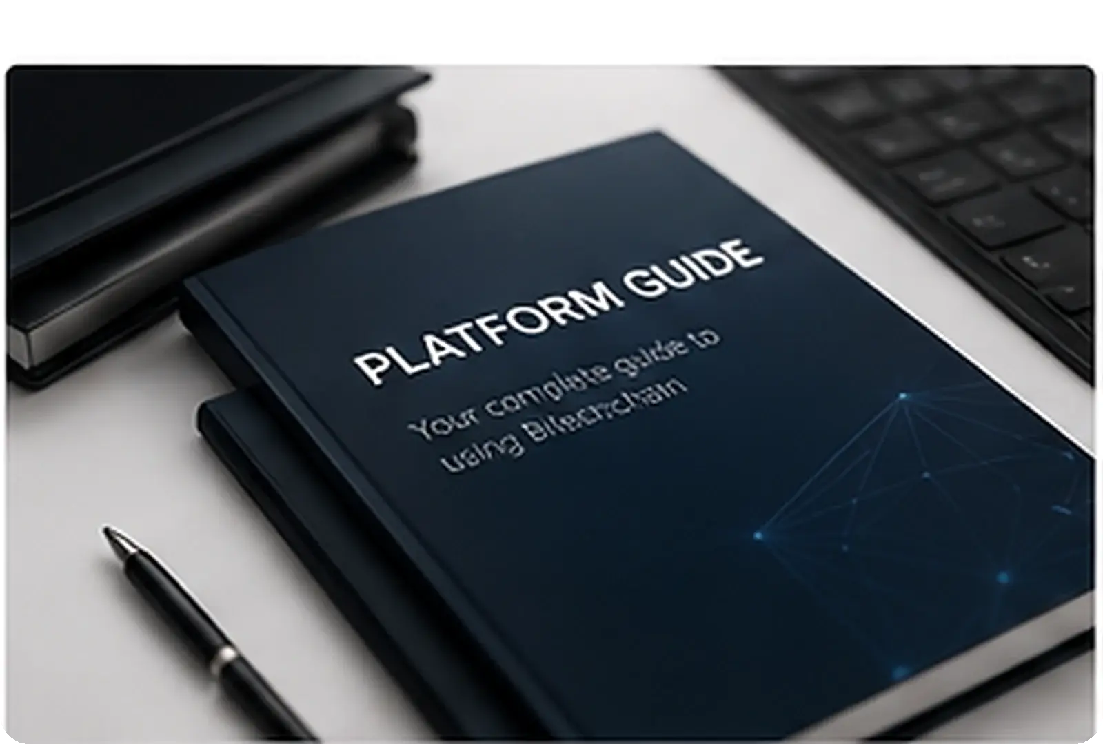 Premium dark platform guide booklet beside a pen and keyboard