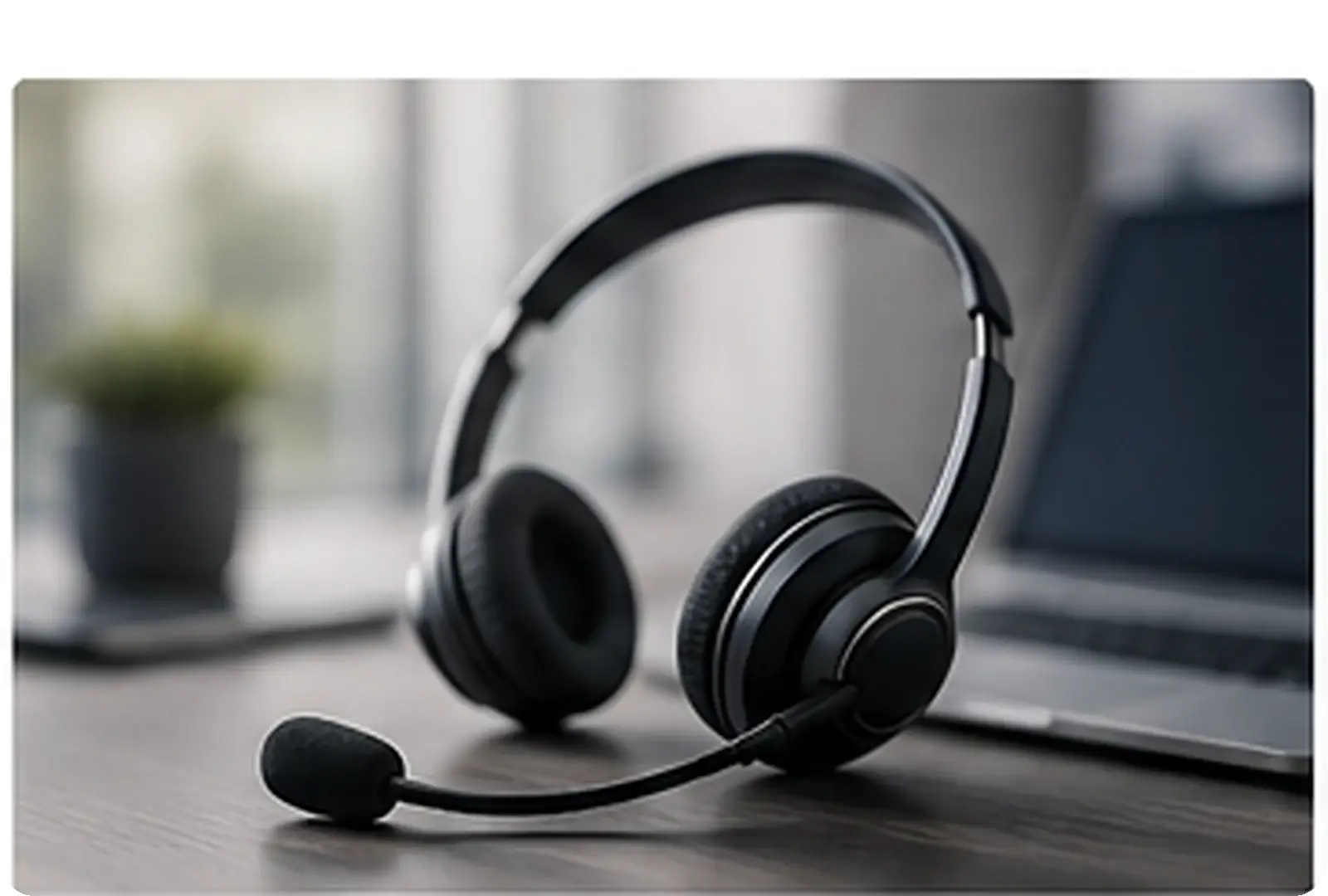 Professional customer support headset on a clean office desk