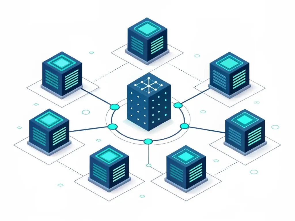 Illustration of a digital blockchain network with connected nodes representing Bitechchain technology